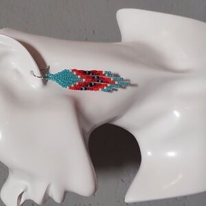 Beaded Earrings - Turquoise, Red, and orange accented with White & Black